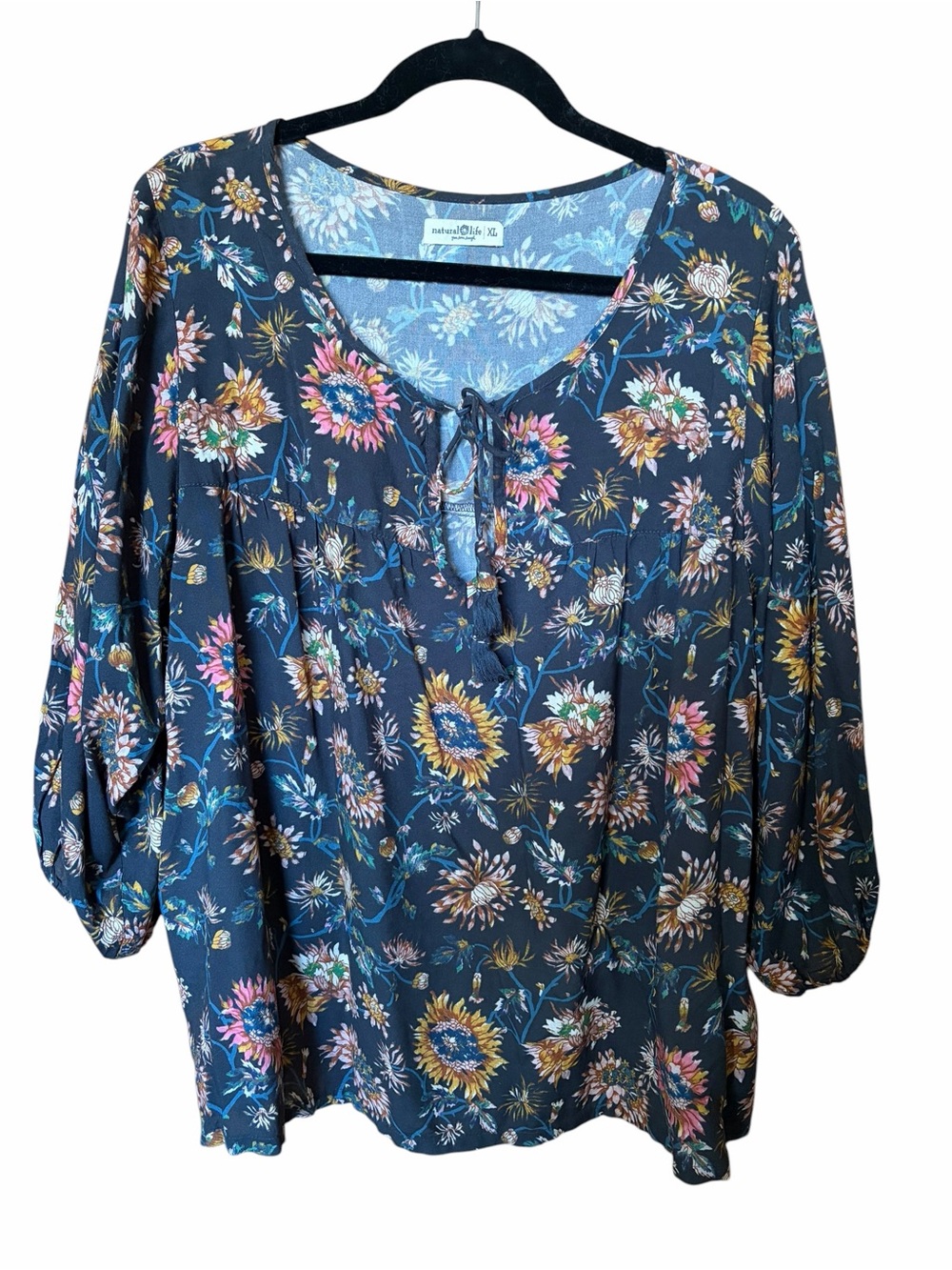 NATURAL LIFE Bohemian Navy Floral Tie-Front Peasant Blouse